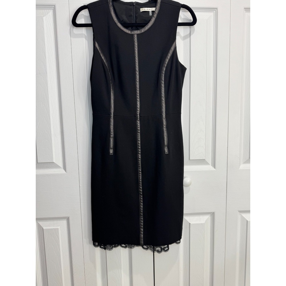 Trina Turk Sleeveless Bodycon Faux Leather Trim Dress Women's 6 Black Zipper